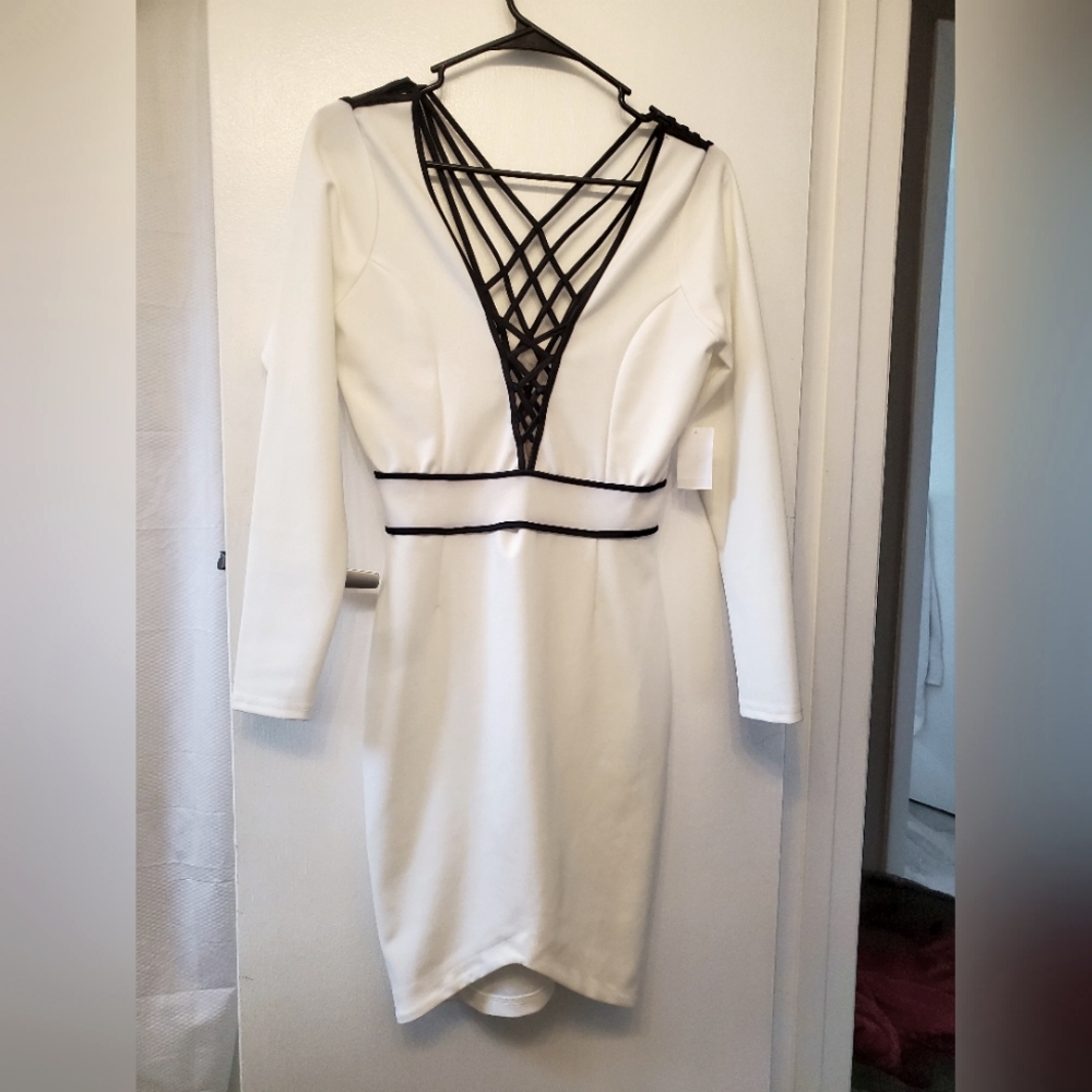 NWT. Charlotte Russe White Long Sleeve Dress with Black Strappy Cutouts, Small